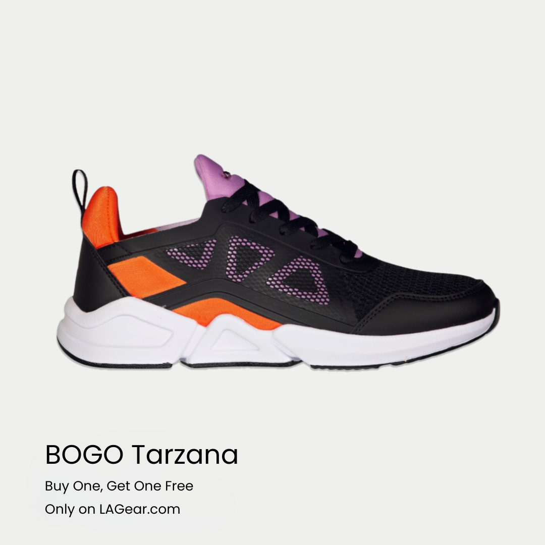 Black and orange sneaker with purple accents on a light gray background