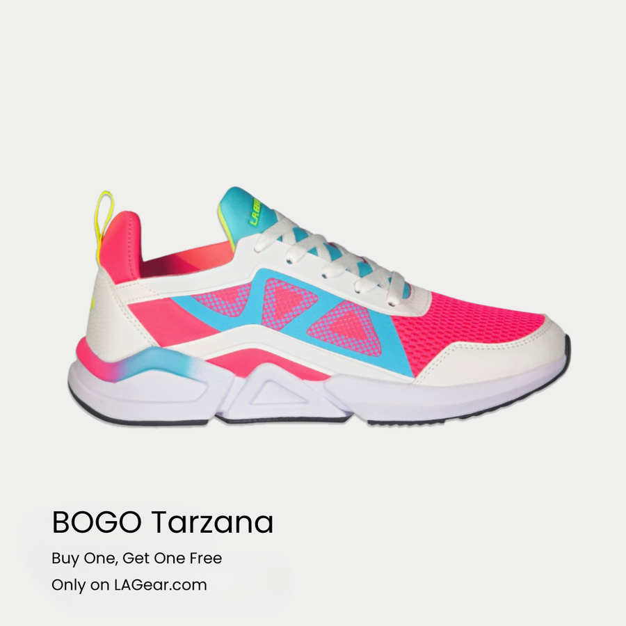 Colorful sneaker with pink, blue, and white design on a light gray background