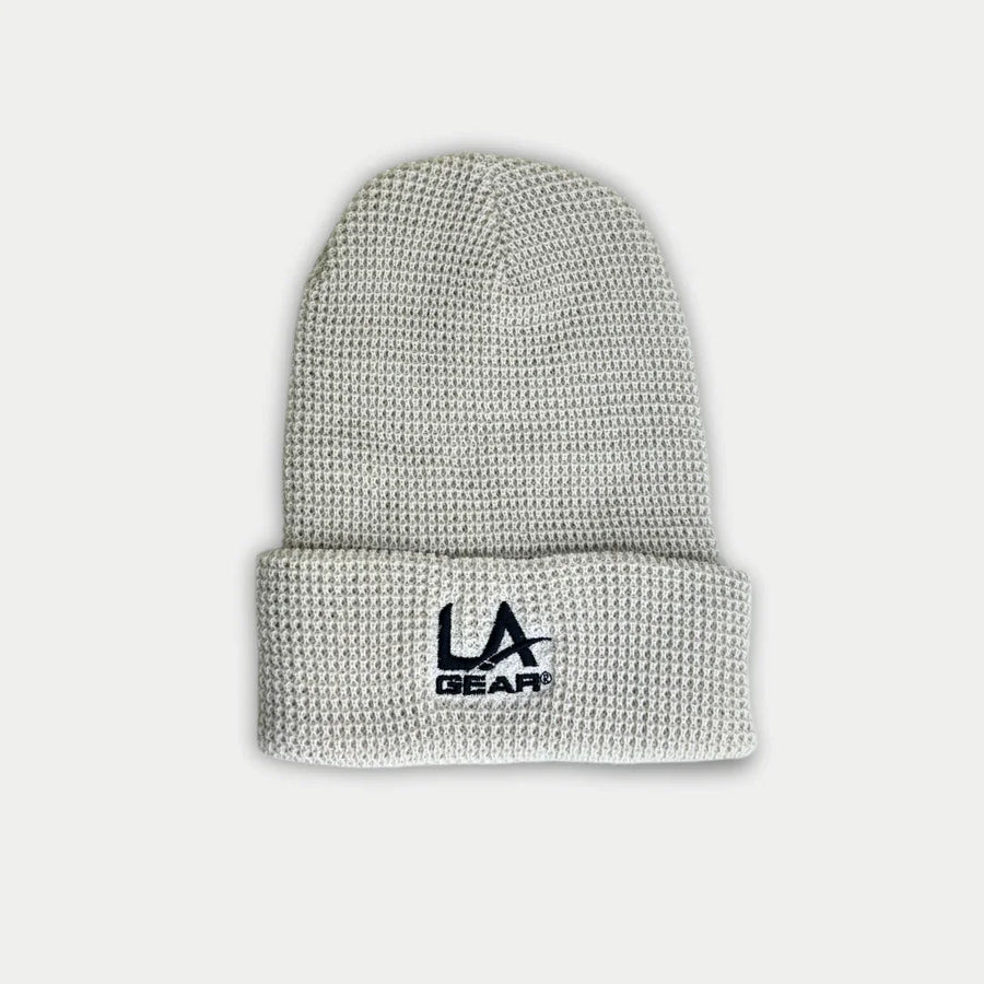 LA Gear cuffed waffle beanie in off-white.