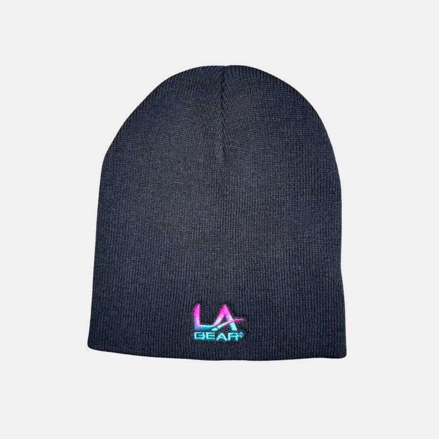 Black beanie with a LA Gear logo on a light gray background