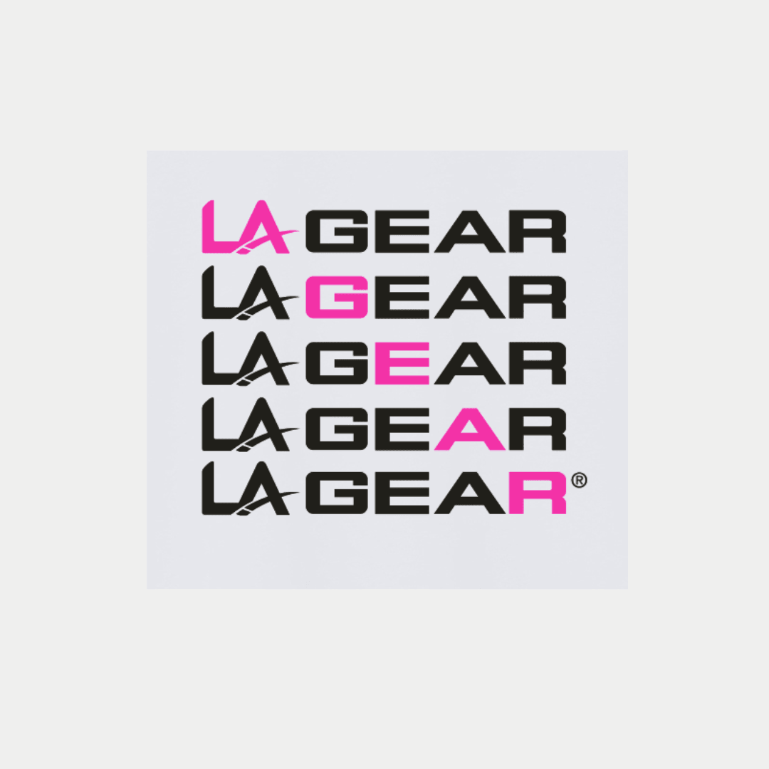 A neon pink x black LA Gear diagonal logo.