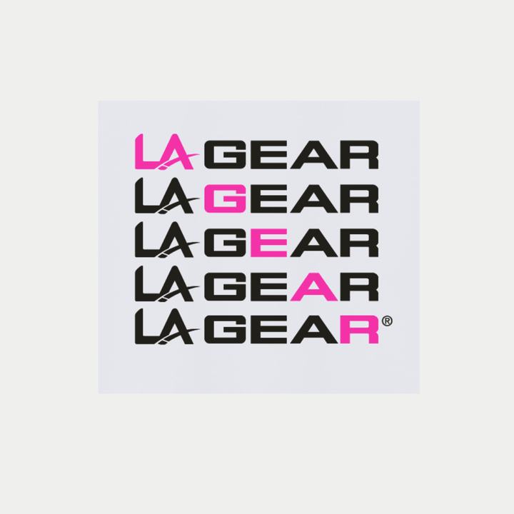 A neon pink x black LA Gear diagonal logo.