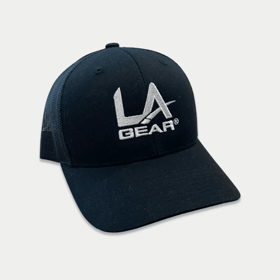 Black cap with 'LA Gear' logo on a light gray background.
