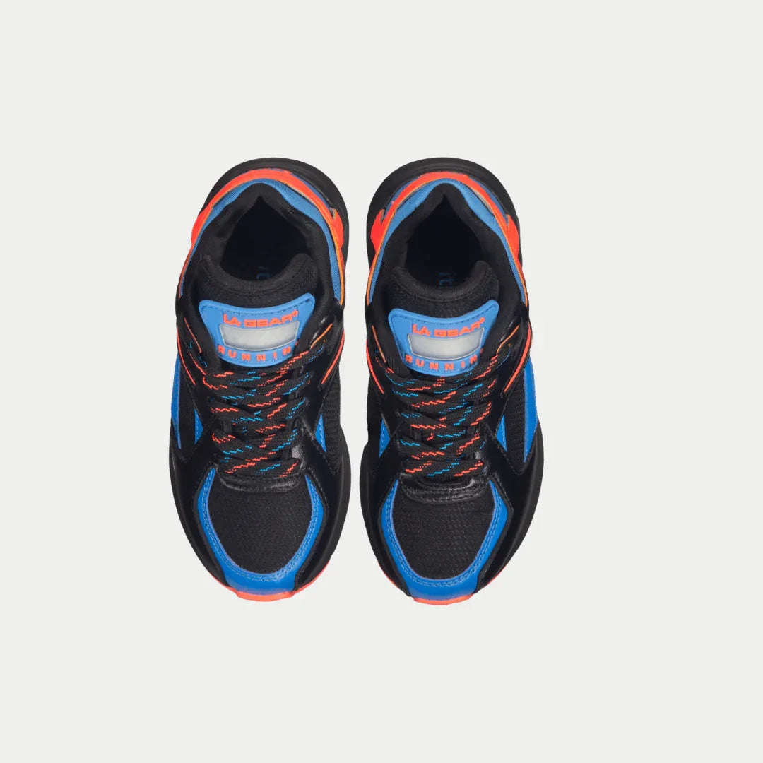 Black and blue lowtop shoes with orange accents on a light gray background