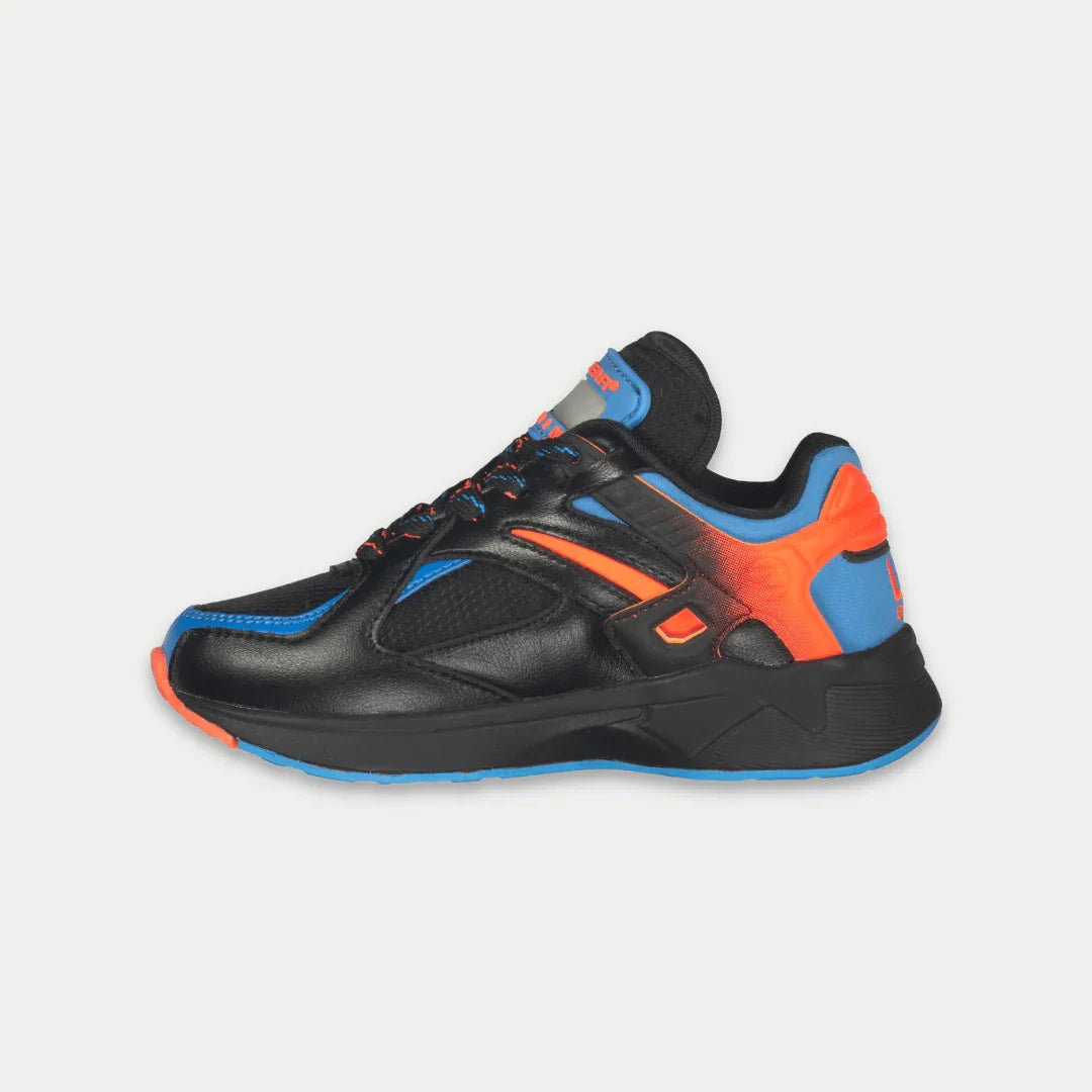 Black, orange, and blue sneaker on a light gray background