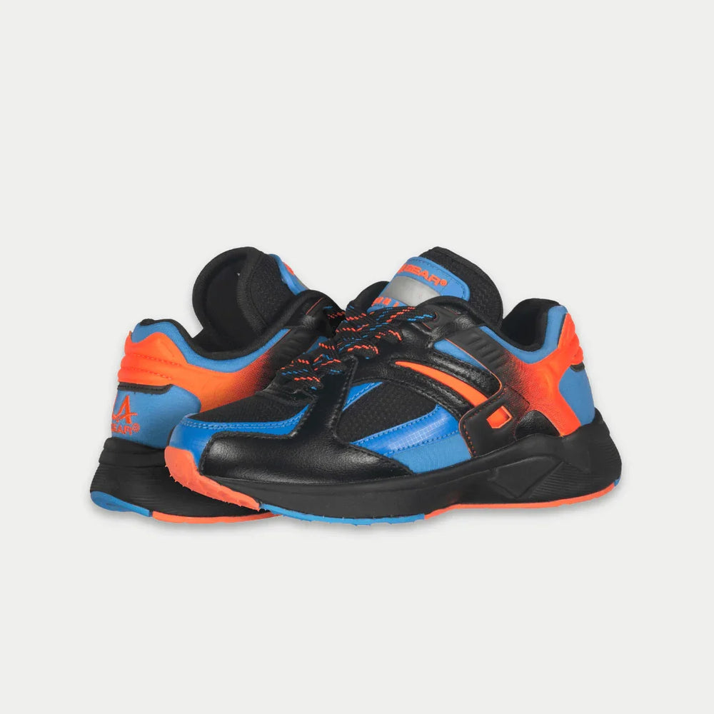 Black, blue, and orange sneakers on a light gray background