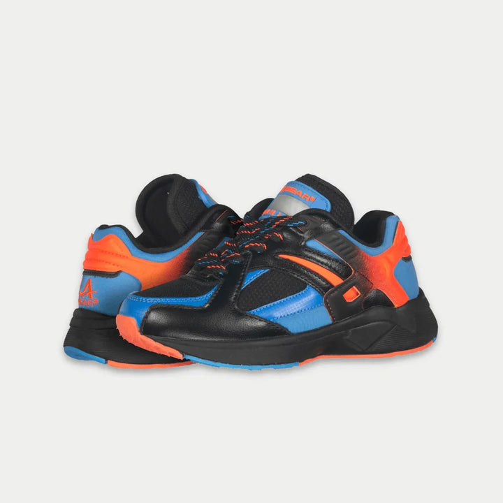 Black, blue, and orange sneakers on a light gray background