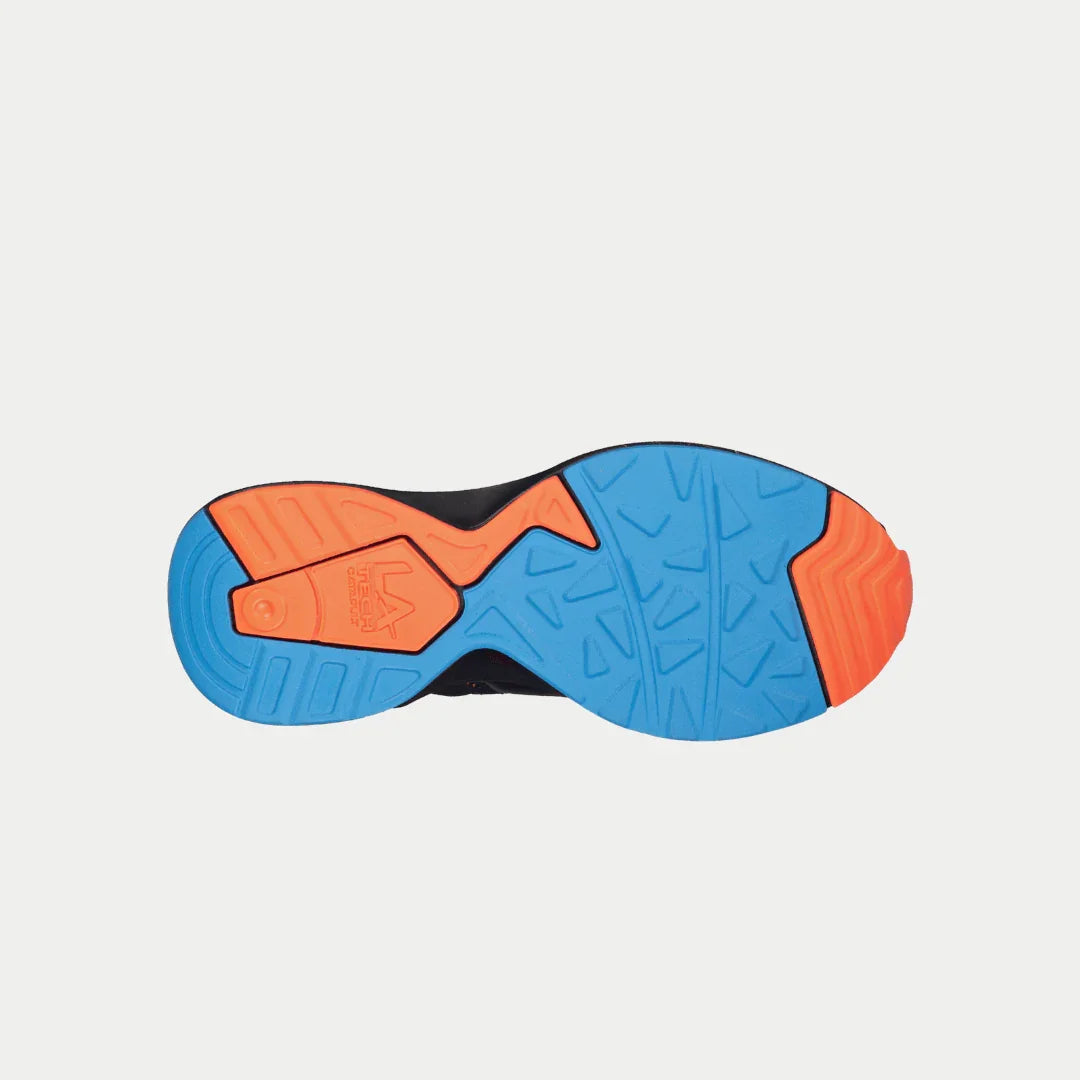 Close-up of a blue and orange shoe sole on a light gray background