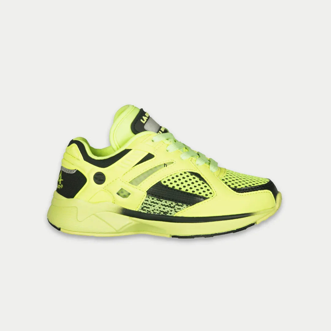 Bright neon yellow shoe with black accents on a light gray background