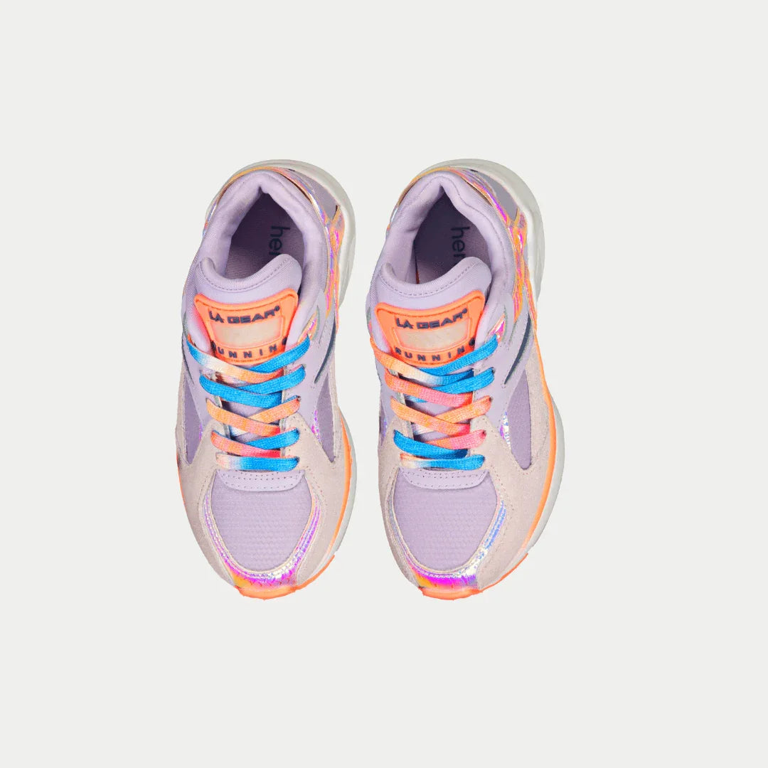 Pair of purple sneakers with colorful accents on a light gray background