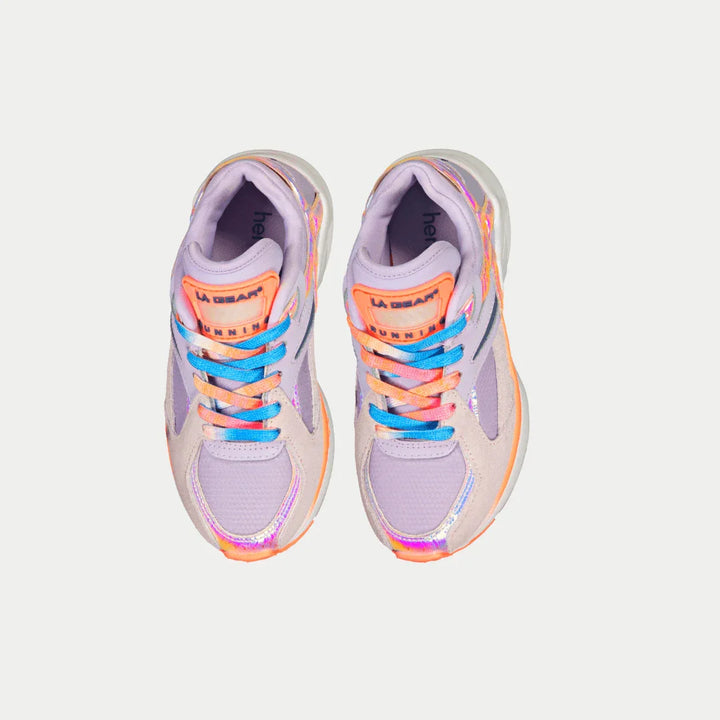 Pair of purple sneakers with colorful accents on a light gray background