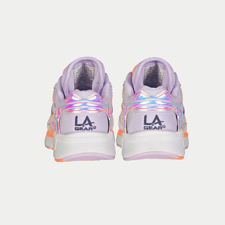 Pair of LA Gear sneakers with iridescent sole on a white background