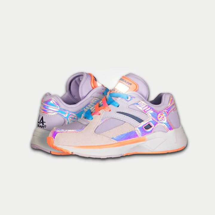 Pair of colorful sneakers with a white background and light-up tongue