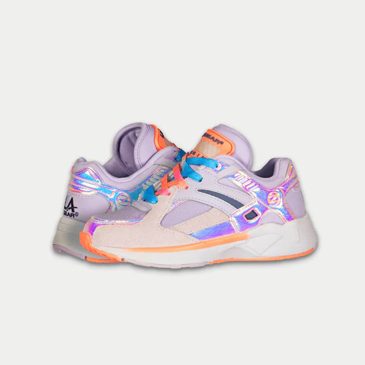 Pair of colorful sneakers with a gradient design on a light gray background