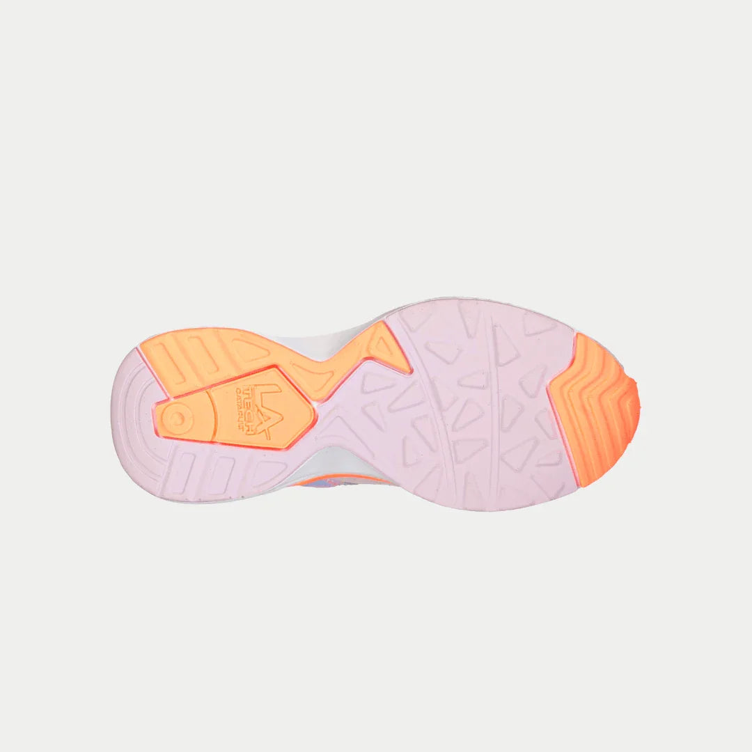 Close-up of a pink and orange sneaker sole on a light gray background