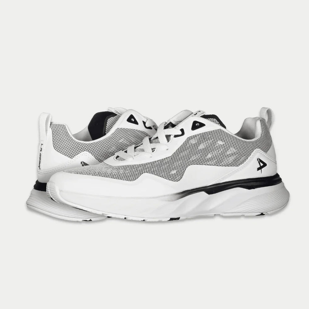 White x black athletic shoes with a brand logo on a light gray background