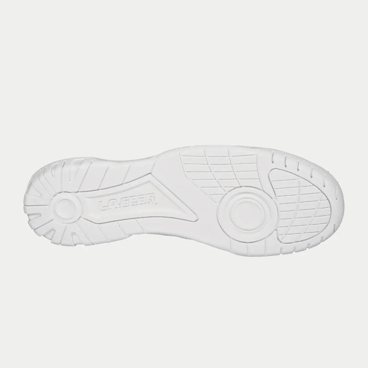 White sneaker sole with brand logo on a light gray background