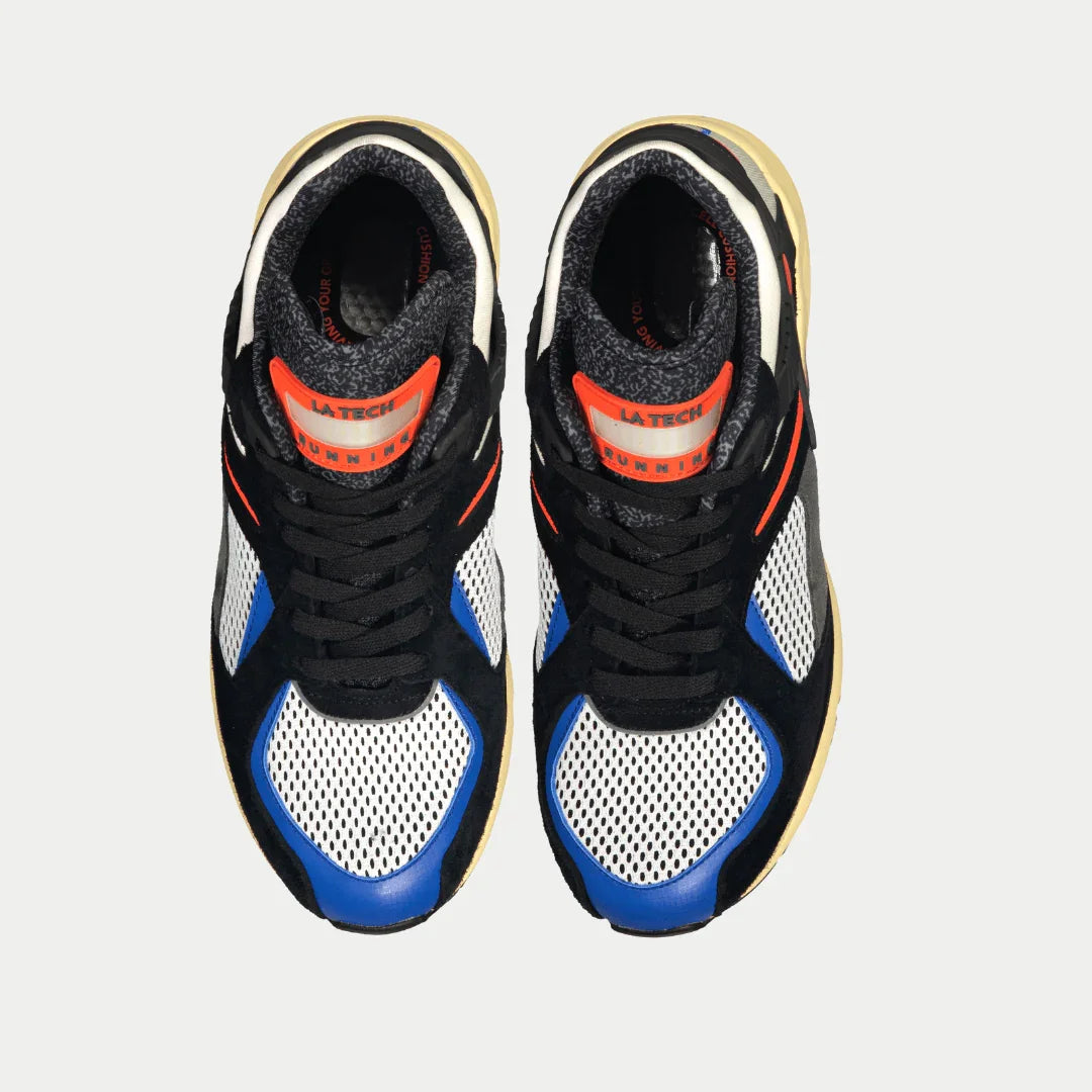 Pair of black and blue sneakers on a light gray background