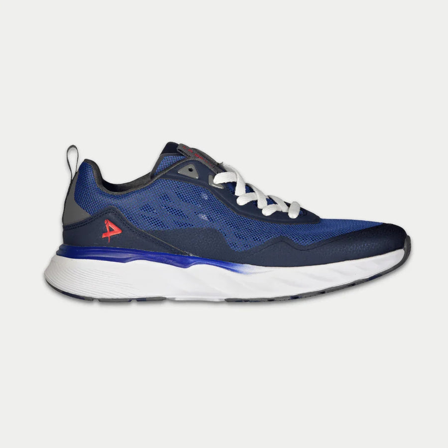 Navy blue athletic shoe on a gray background