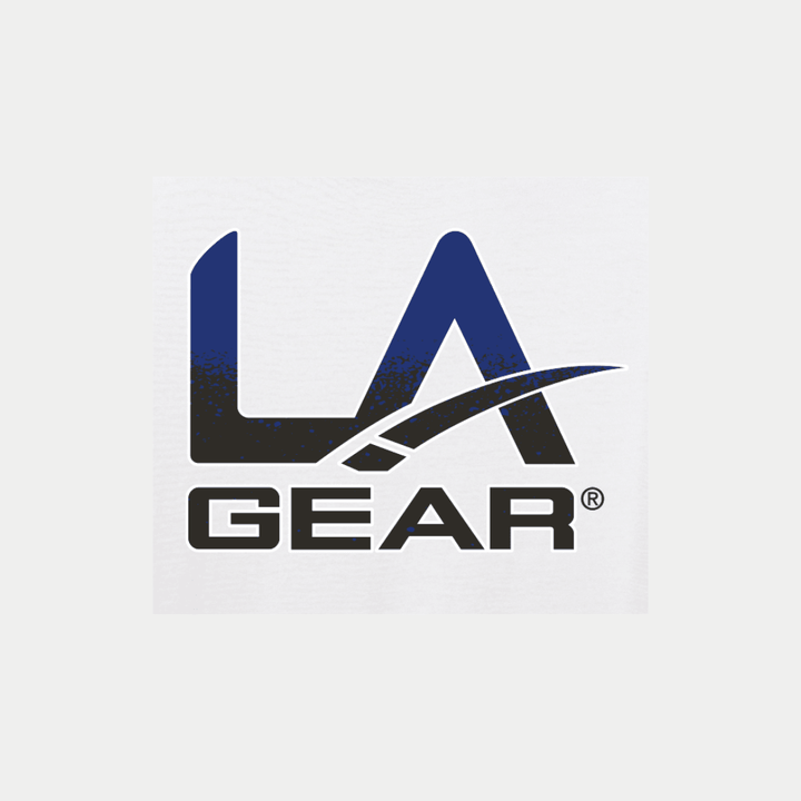 A gradient logo of LA Gear in blue and black.