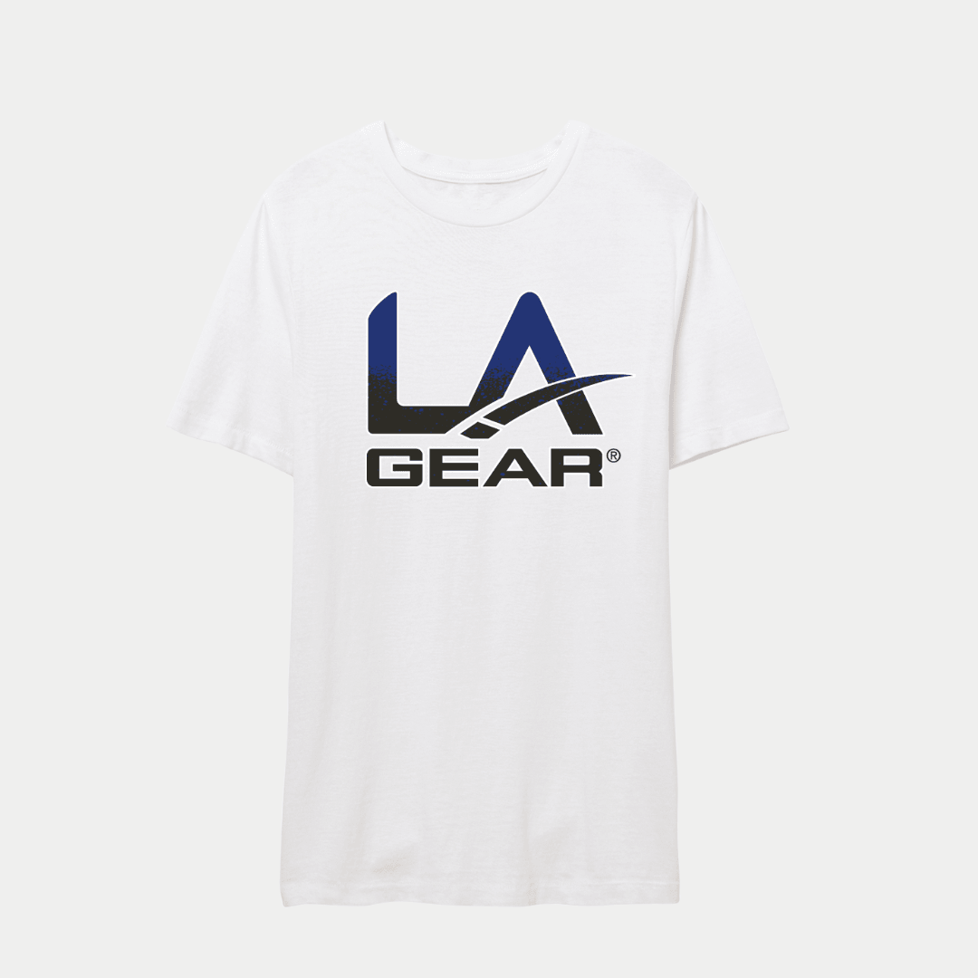 LA Gear white tee with a gradient blue and black logo.