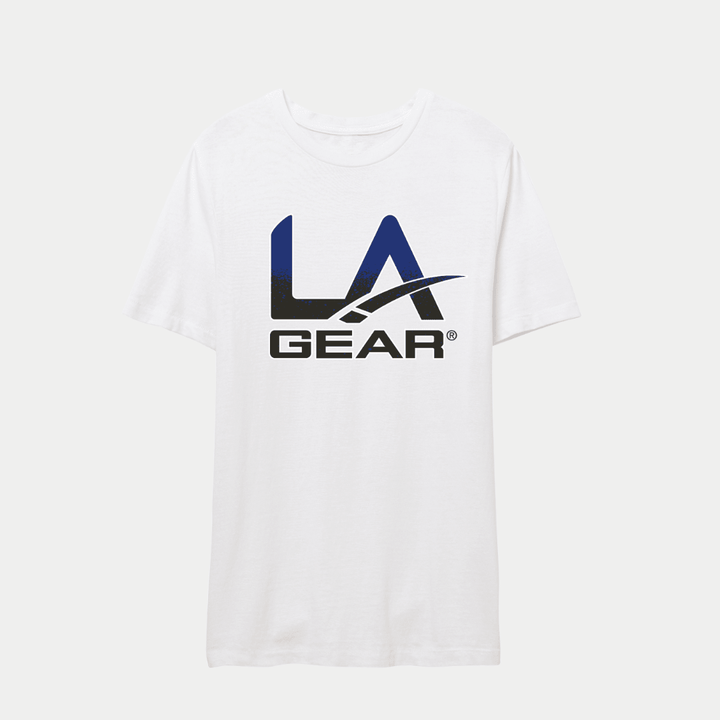 LA Gear white tee with a gradient blue and black logo.