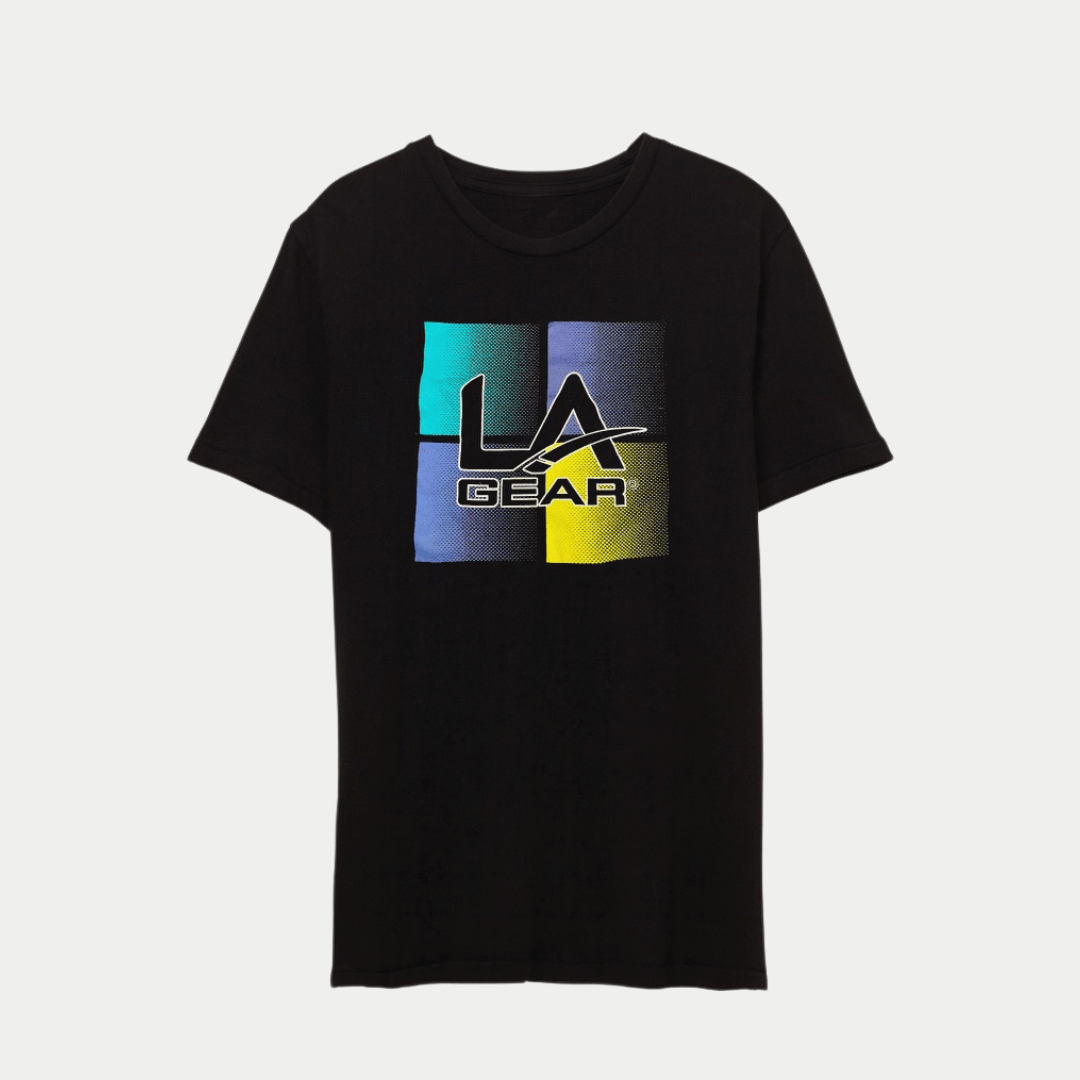 A black vintage LA Gear color block logo tee