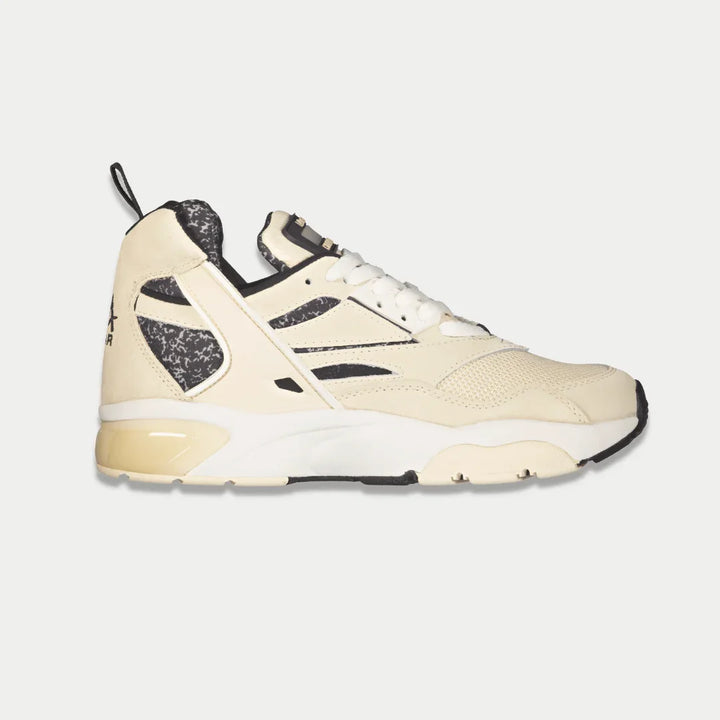 Off White sneaker with black accents on a light gray background