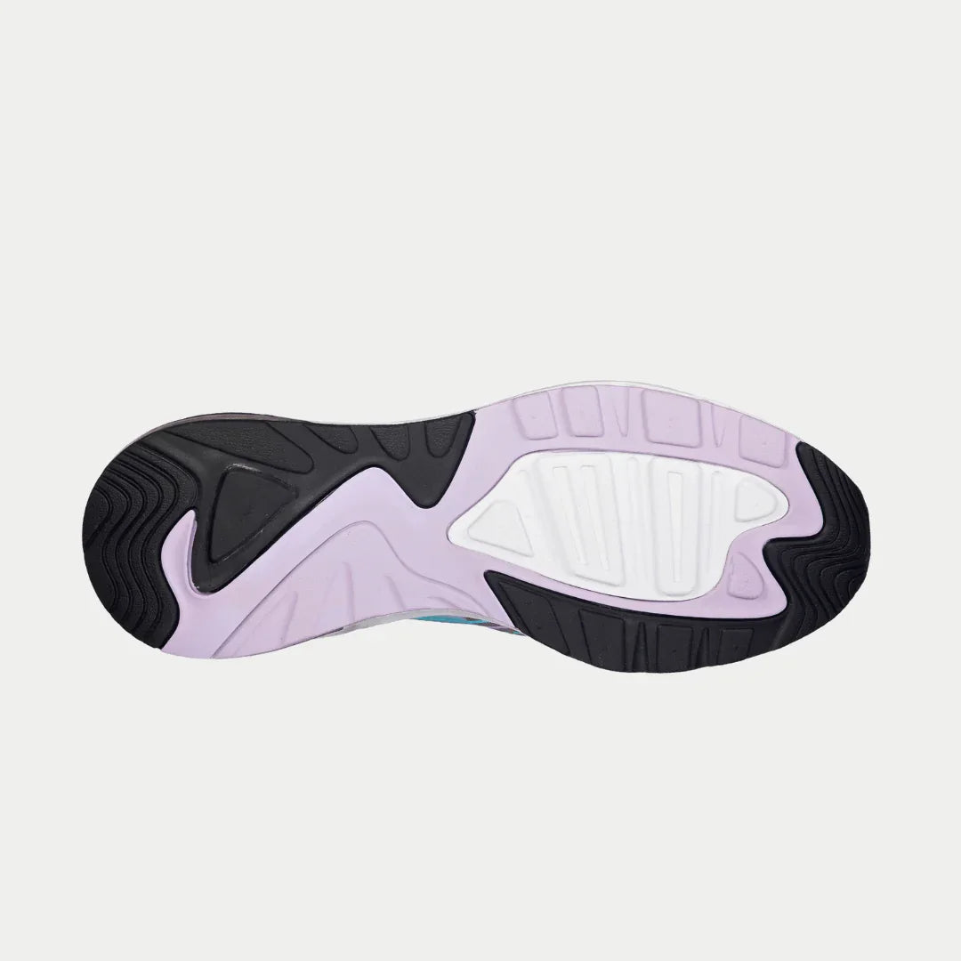 Close-up of a shoe sole with purple and black design on a light gray background