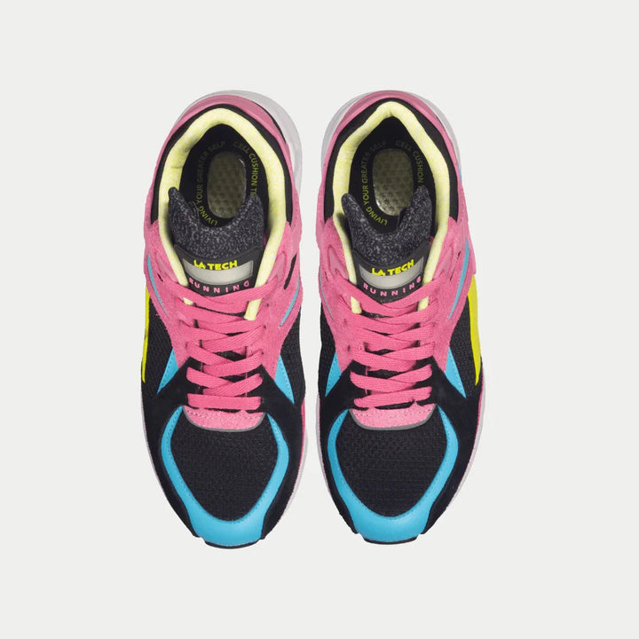 Pair of pink and black sneakers with blue accents on a white background