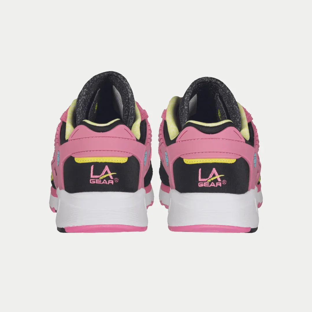 Pink and black LA Gear sneakers on a white background