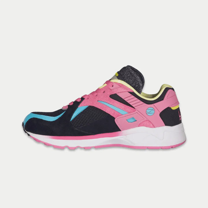 Pink and black sneaker with blue accents on a light gray background