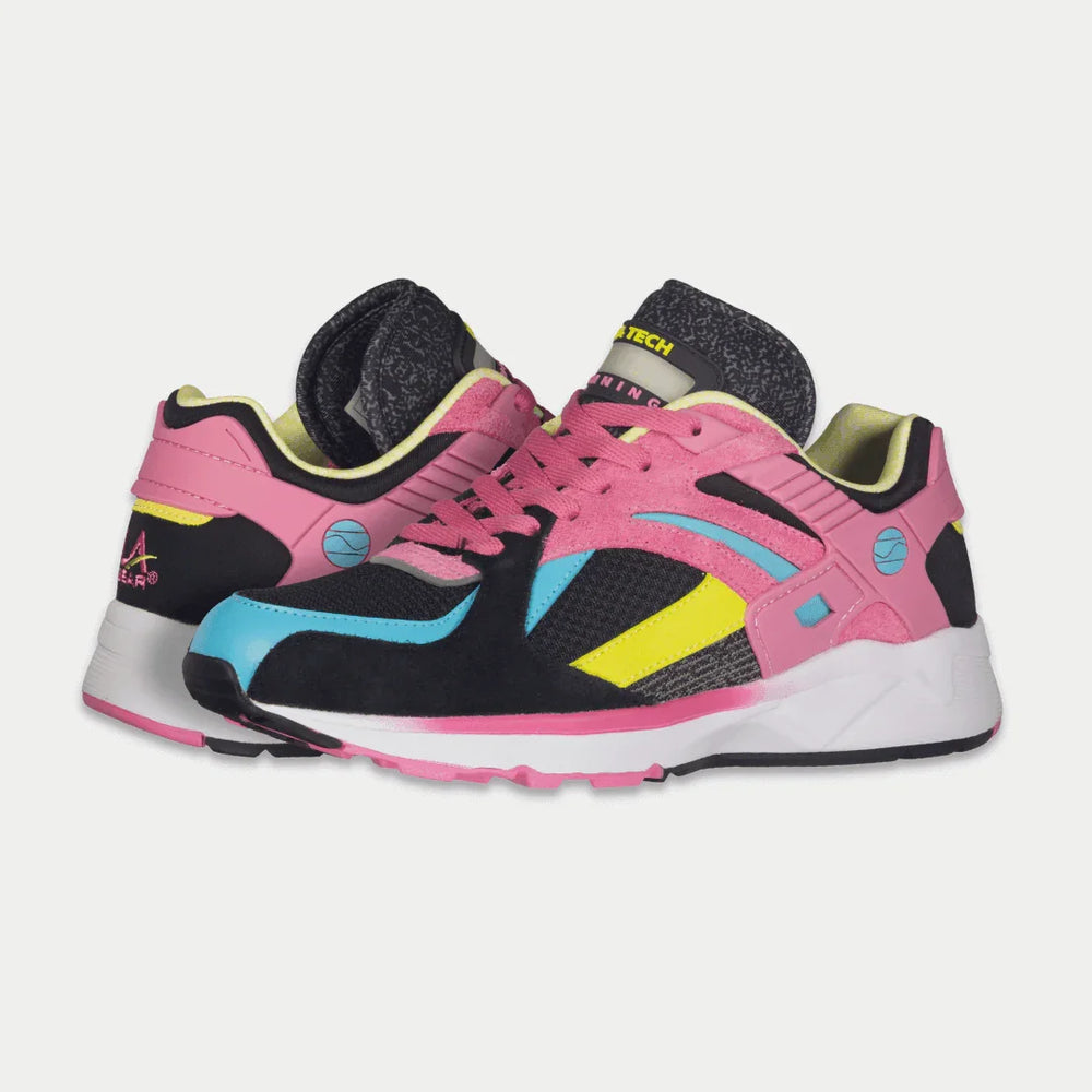 Colorful sneakers with pink, black, blue, and yellow design on a white background