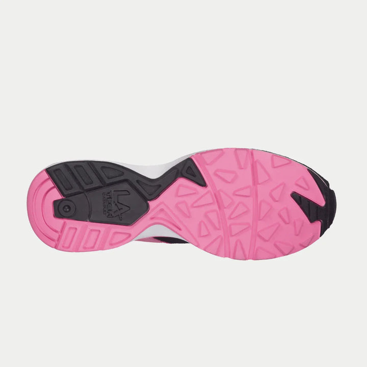 Close-up of a pink and black shoe sole on a light gray background