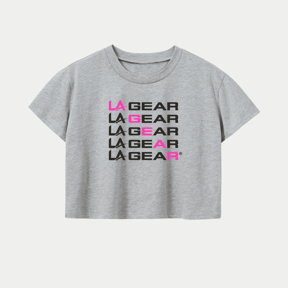 Grey LA Gear cropped tee with diagonal logo.
