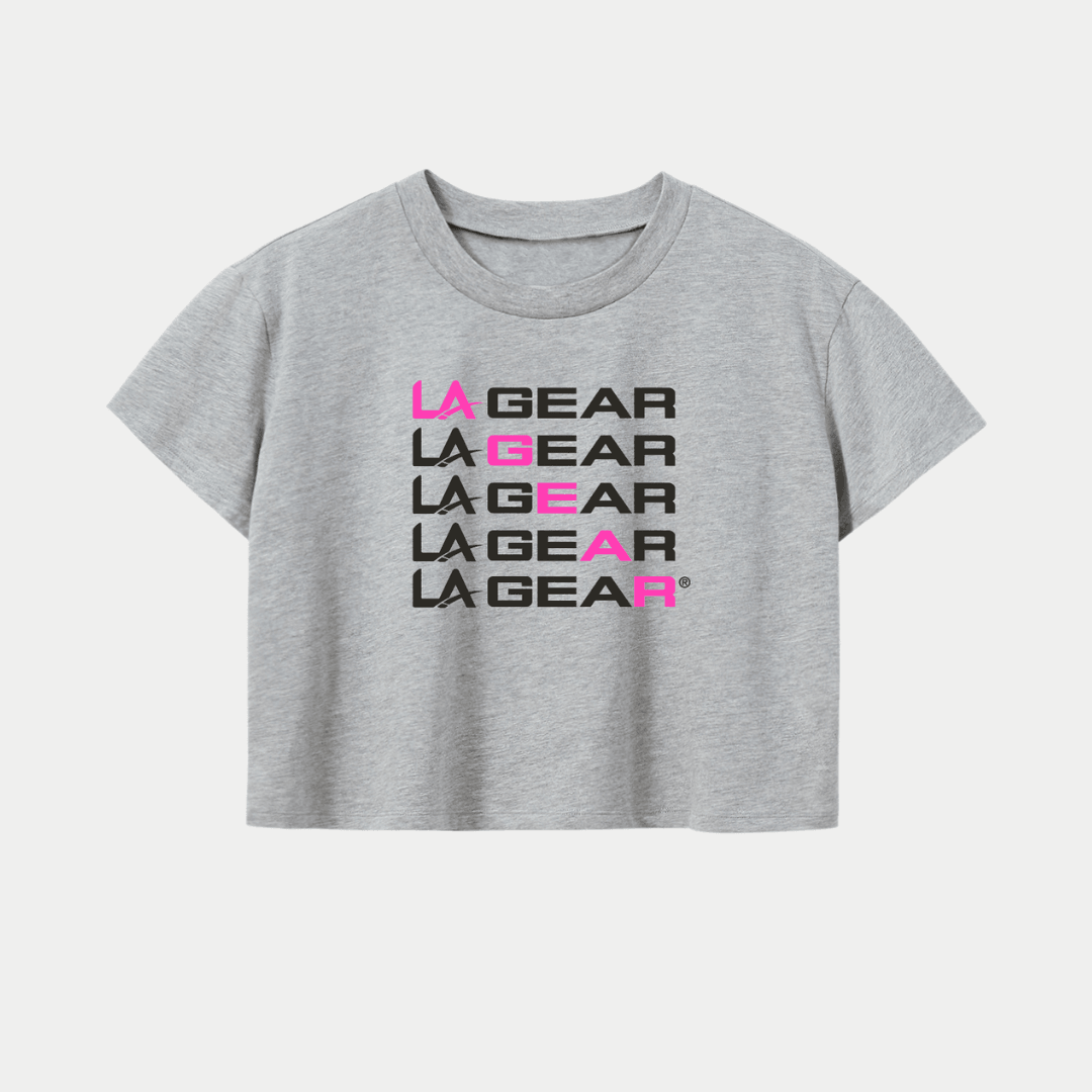 Grey LA Gear cropped tee with diagonal logo.
