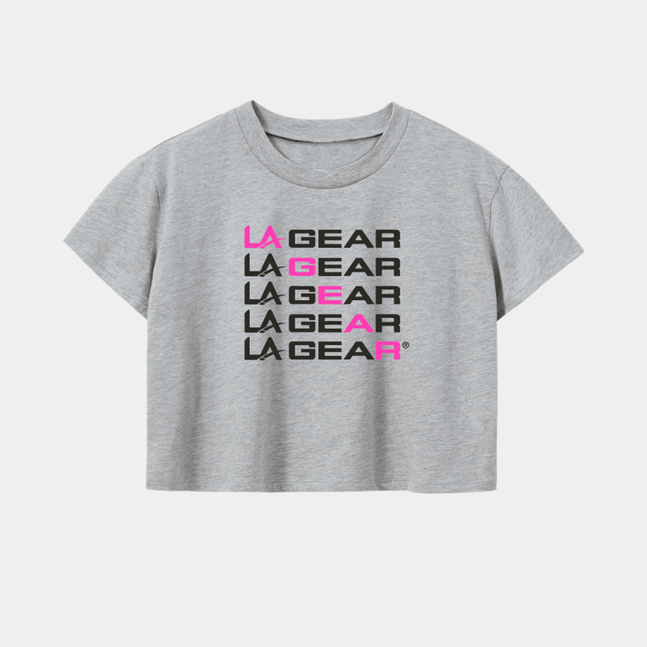 Grey LA Gear cropped tee with diagonal logo.