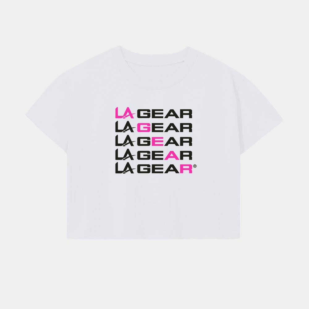 Neon Pink x Black LA Gear logo cropped tee.