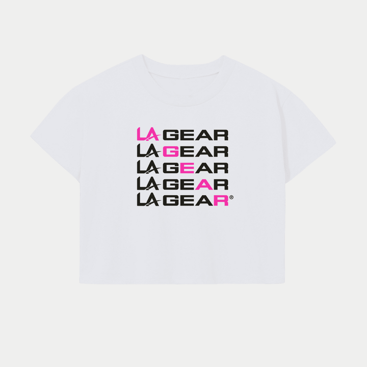 Neon Pink x Black LA Gear logo cropped tee.