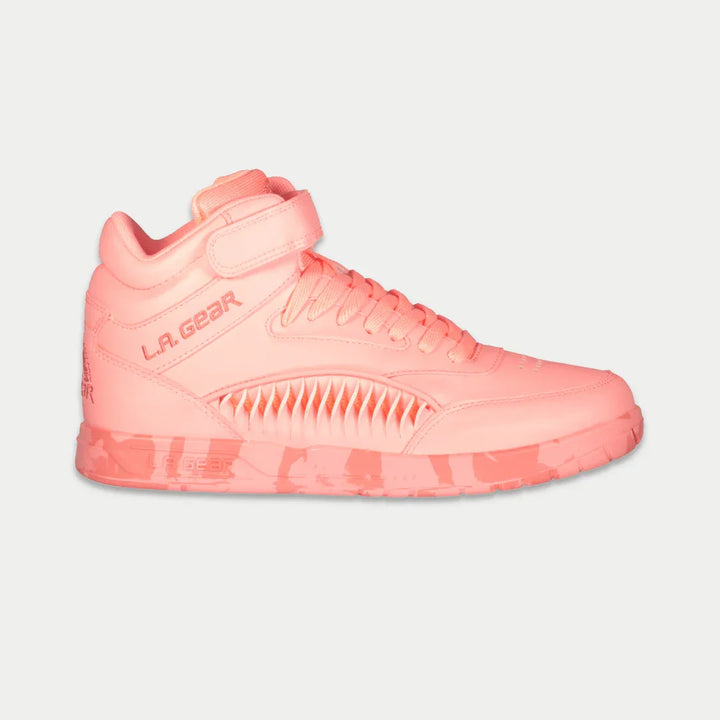 Neon peach sneaker with 'L.A. Gear' branding on a light gray background