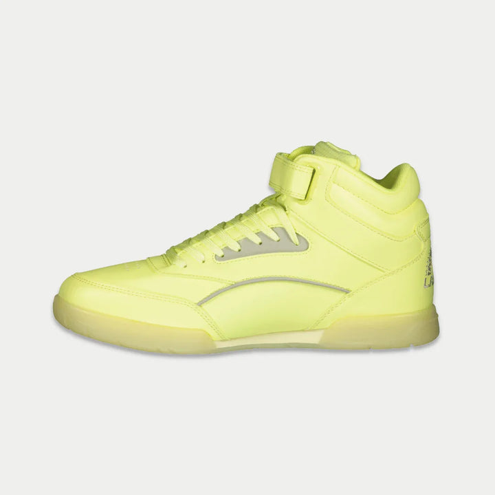 Bright yellow hightop sneaker on a light gray background