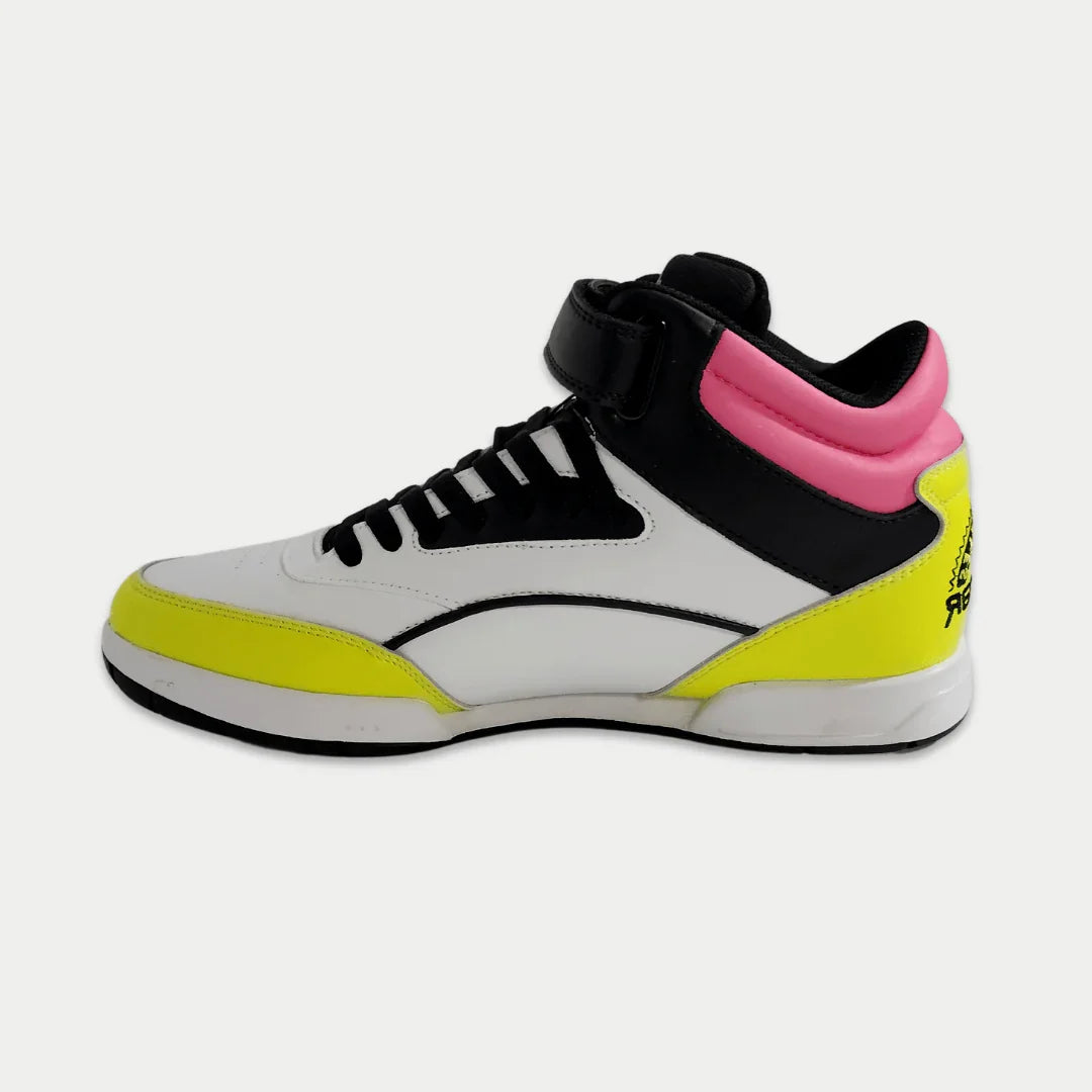 Colorful sneaker with pink top and lime sole on a white background