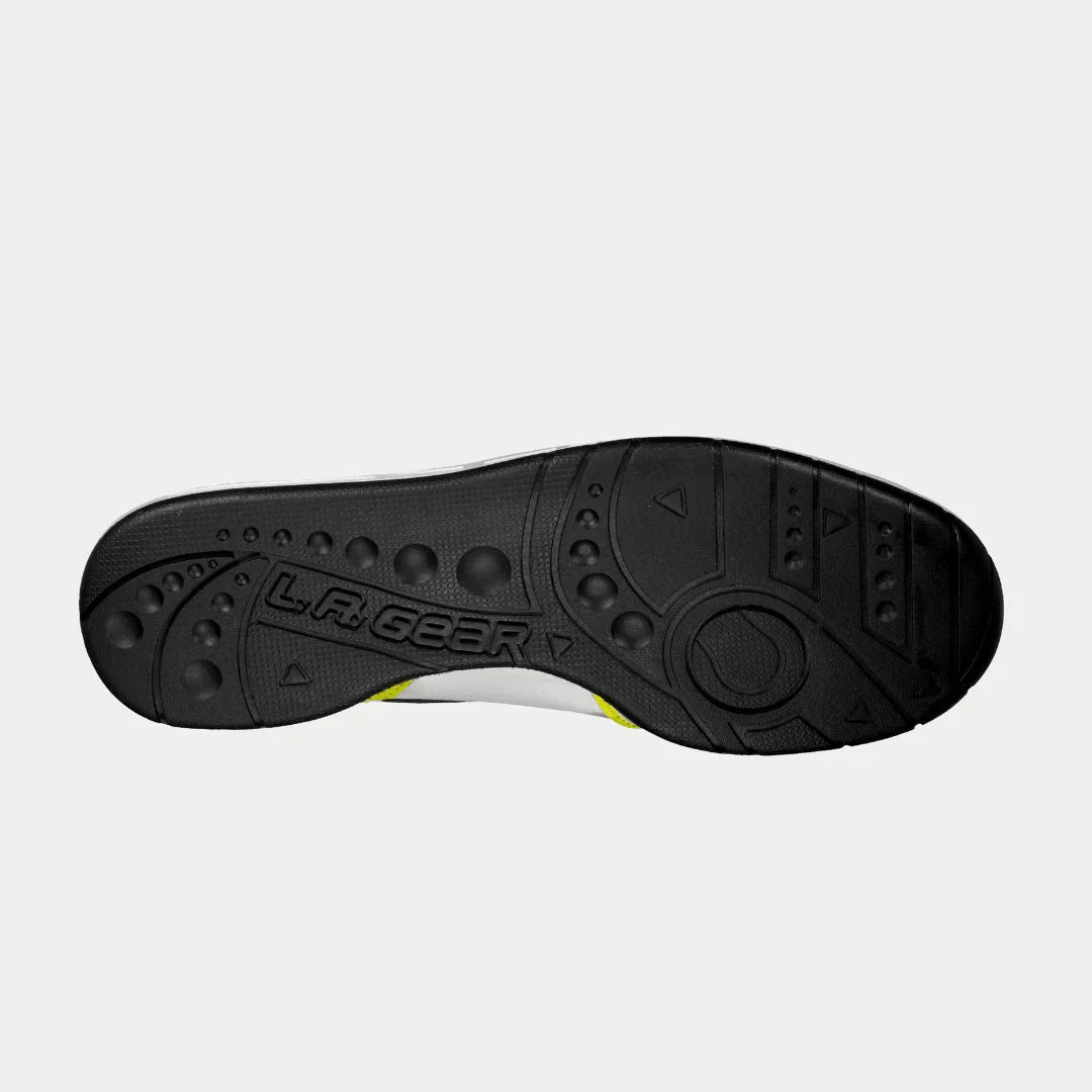 Black sole of a shoe with 'L.A. Geer' branding on a light gray background