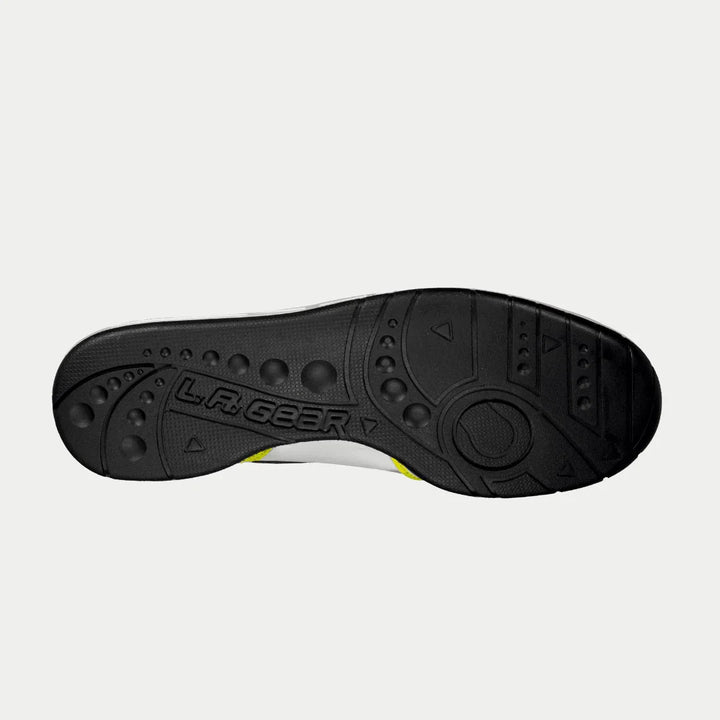 Black sole of a shoe with 'L.A. Geer' branding on a light gray background
