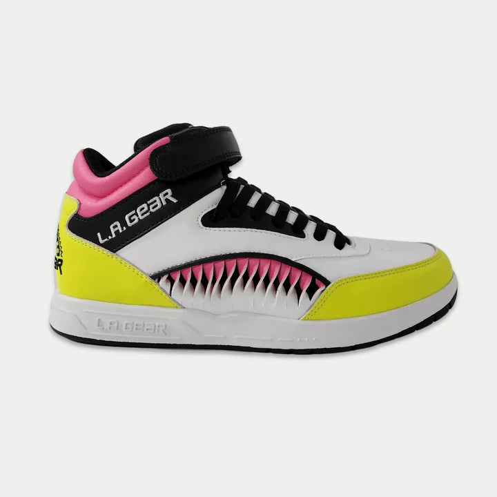 Colorful sneaker with pink, lime and black design on a white background