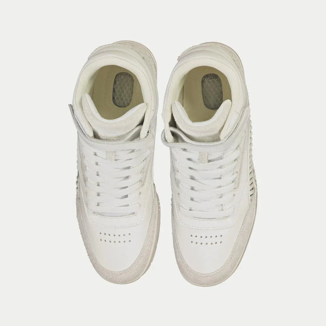 Pair of white hightop sneakers on a light gray background