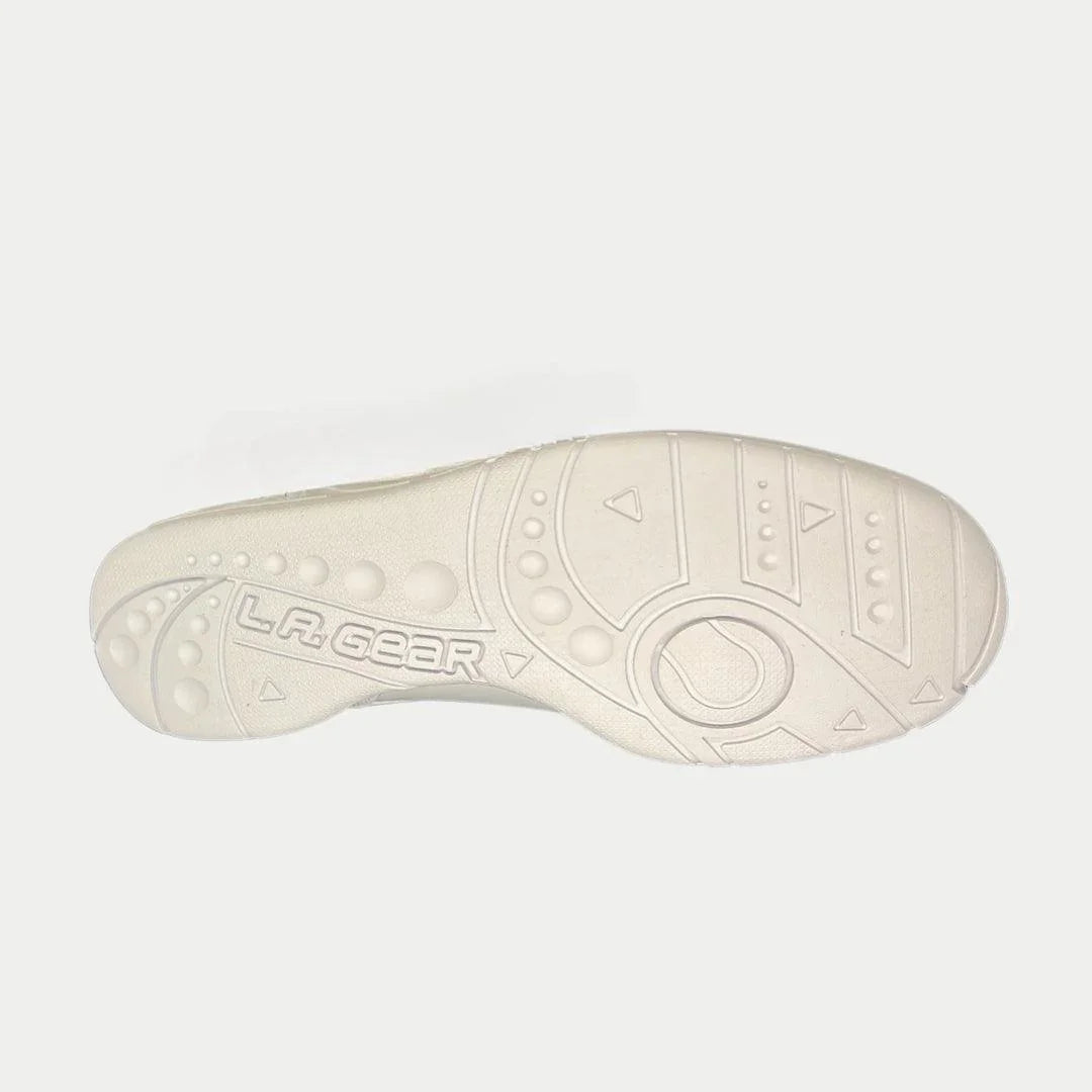White shoe sole with 'L.A. Gear' branding on a light gray background