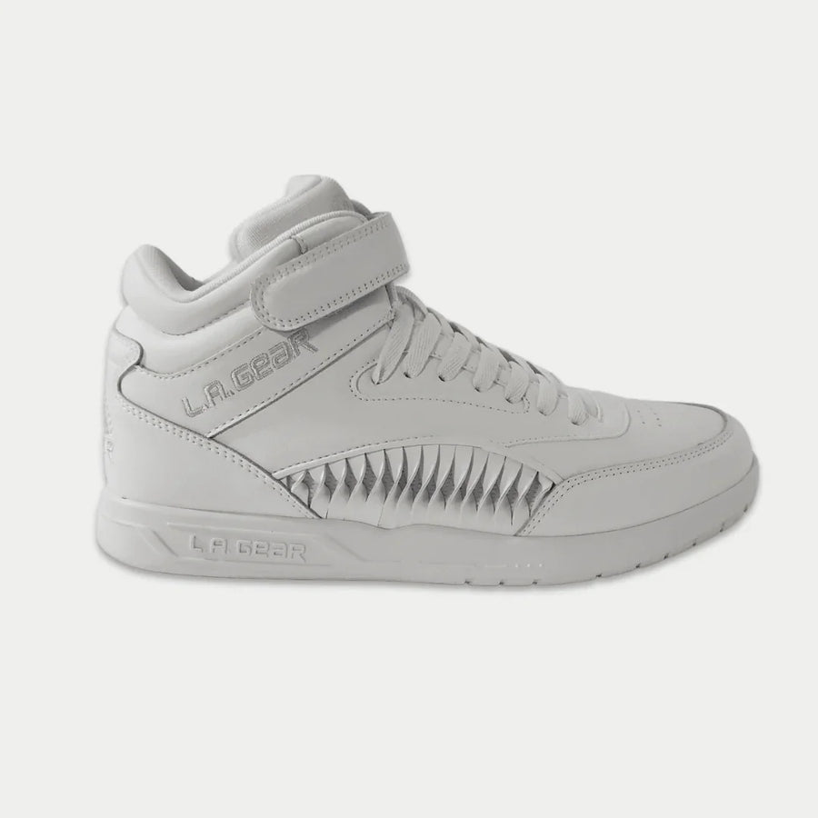 White hightop sneaker with brand logo on a light gray background