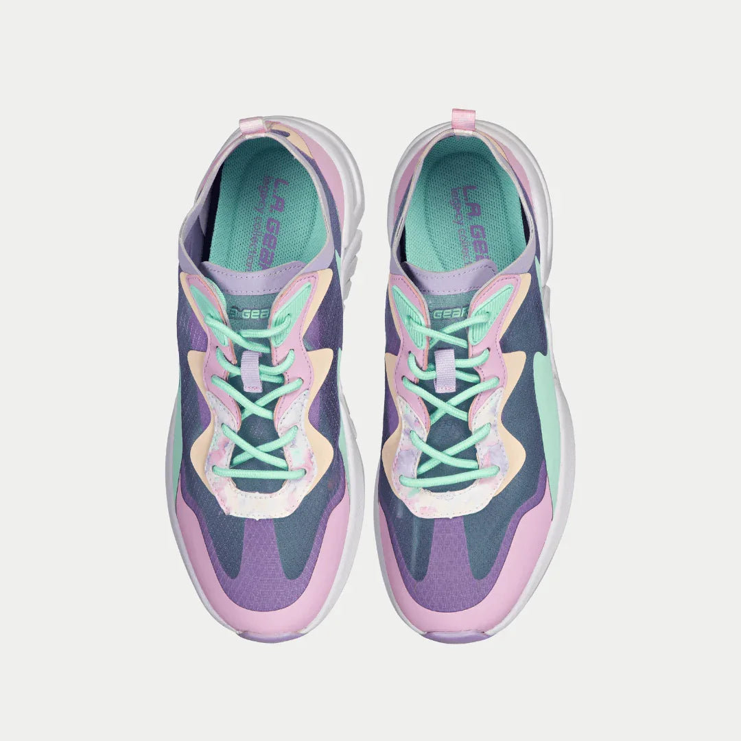 Pair of colorful shoes on a light gray background