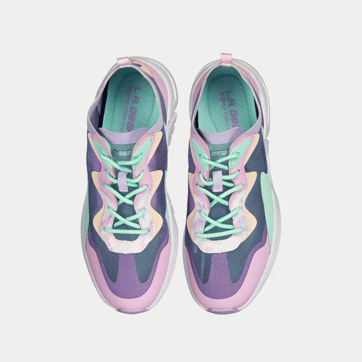 Pair of colorful shoes on a light gray background